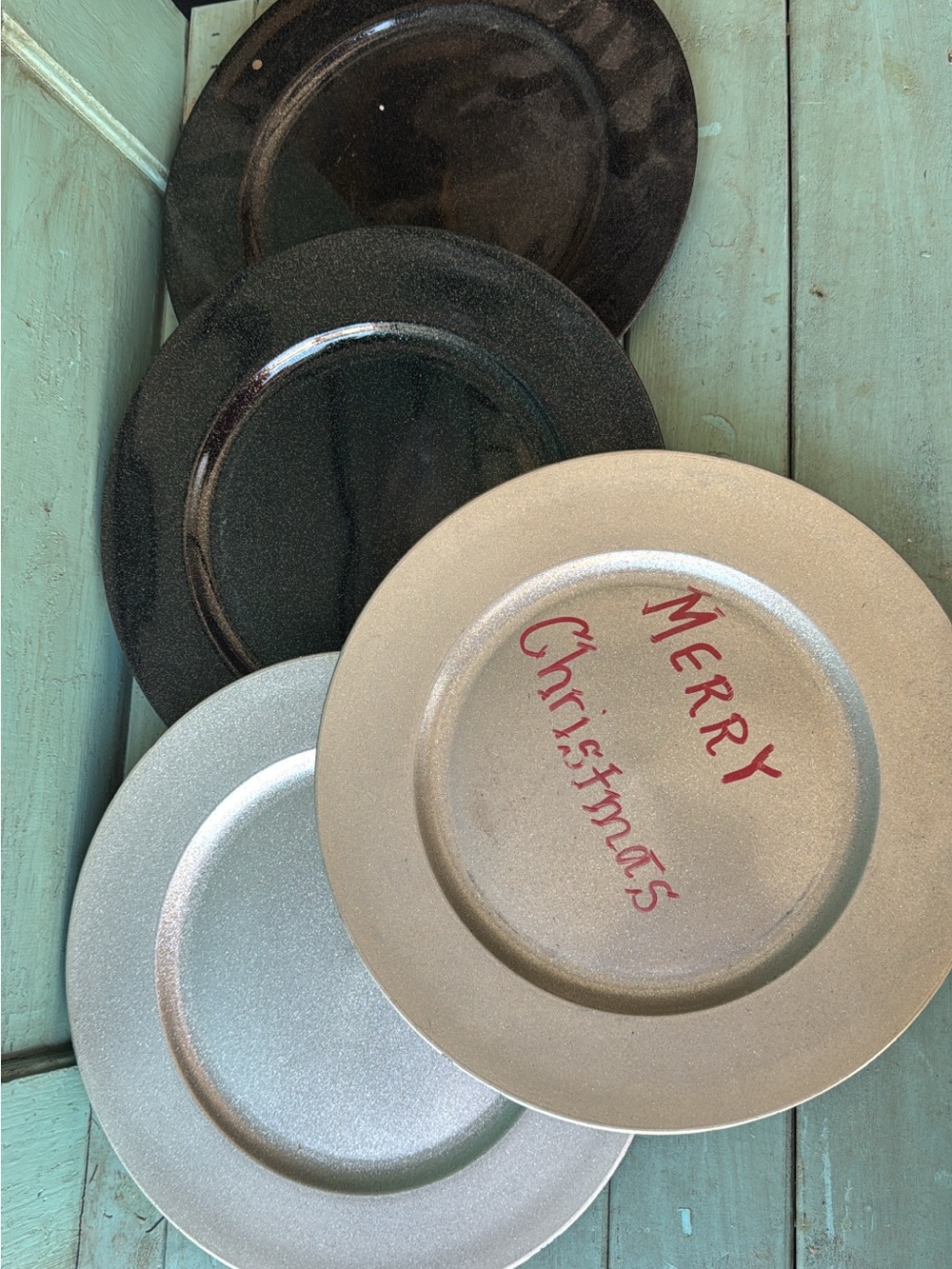 4 Charger Plates Holiday writing on 1